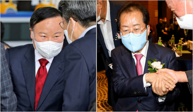 6·1지방선거 대구시장 출마를 공식 선언한 김재원 예비후보가 30일 오후 대구 서구 이현동 서대구역 개통 축하 행사에서 참석자들과 인사를 나누고 있다. 김영진 기자 (사진 왼쪽)/ 국민의힘 홍준표 의원이 영남중고등학교 총동창회에 참석해 동문과 인사를 나누고 있다. 안성완 기자 asw0727@imaeil.com