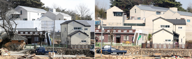 지난 24일 오후 경남 양산시 하북면 지산리 평산마을 문재인 대통령 내외 사저 공사장에 가림막이 제거됐다. 왼쪽 사진은 지난 2월 8일 당시 가림막이 설치된 모습. 문 대통령 내외는 퇴임 후 오는 5월부터 이곳에서 거주할 예정이다. 연합뉴스