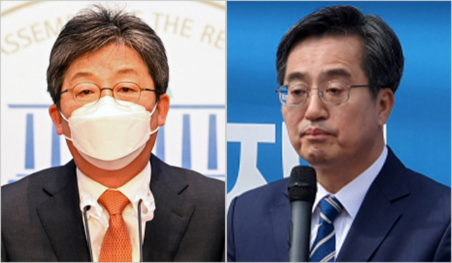 유승민 전 의원이 31일 서울 여의도 국회 소통관에서 경기도지사 출마 선언을 하고 있다.(사진 왼쪽)/ 새로운물결 김동연 대표가 31일 오전 성남시 수정구 단대동에서 기자회견을 열고 6·1 지방선거 경기도지사 출마를 선언하고 있다. 이곳은 그가 유년시절 10년간 살던 천막집이 있던 곳이다. 연합뉴스