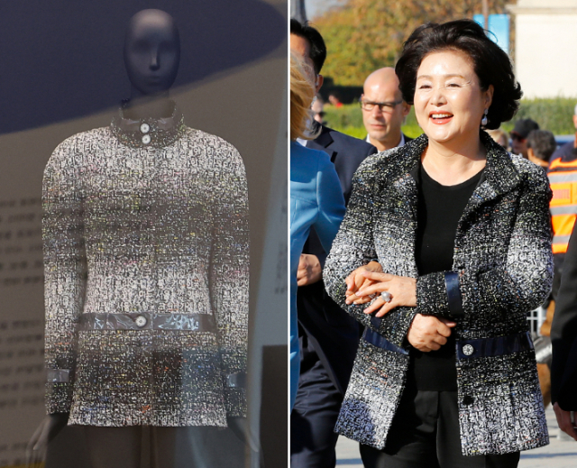 김정숙 여사가 프랑스 방문 때 입었던 샤넬옷(오른쪽)과 인천공항 박물관에 전시된 샤넬옷(왼쪽)은 얼핏 보기에도 완전히 다르다. 인터넷 캡쳐