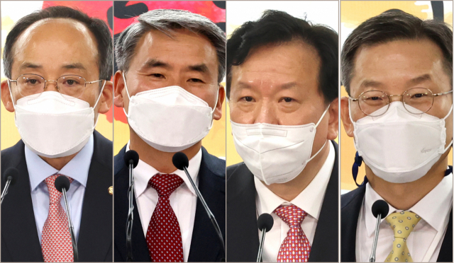 (왼쪽부터) 추경호 경제부총리 겸 기획재정부 장관 후보자, 이종섭 국방부 장관 후보자, 정호영 보건복지부 장관 후보자, 이종호 과학기술정통부 장관 후보자. 연합뉴스