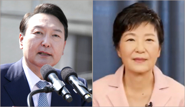 윤석열 대통령 당선인이 11일 오후 경북 상주시 상주 중앙시장을 방문, 시민들에게 감사 인사를 전하고 있다. (사진 왼쪽)/ 박근혜 전 대통령이 지난 8일 동영상에서 영하 대구시장 예비후보 지지를 선언하고 있다. 연합뉴스