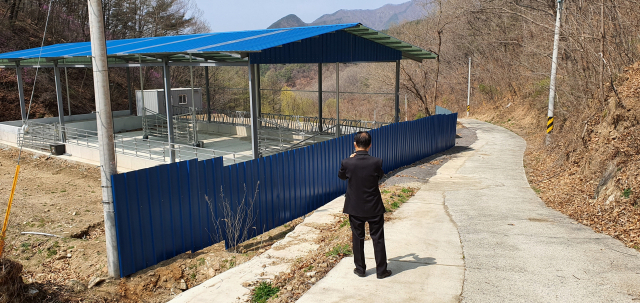 성주군 금수면 후평리 말미 마을 한 주민이 자신들 몰래 설치·준공된 축사의 사진을 찍고 있다. 그가 서있는 부분이 확장된 도로이다. 이영욱 기자