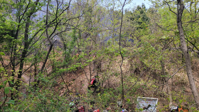 18일 오전 포항시 남구 호미곶면 고금산에서 발생한 산불을 산림당국이 진압하고 있다. 포항남부소방서 제공.