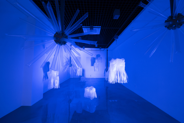STUDIO1750, LM03116, 비닐, 카드보드지, 송풍기, 타이머, 가변설치, 2016.STUDIO1750, 비닐피쉬, 아두이노 시스템, 비닐, 모터, 인지 센서, 가변설치, 2021.