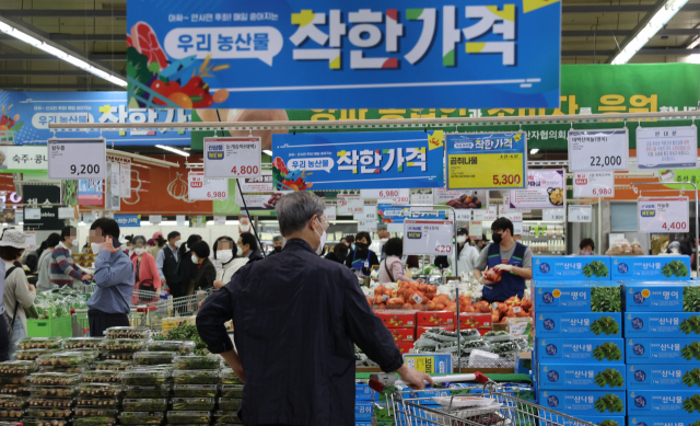 24일 서울 한 대형마트 모습. 24일 국제통화기금 세계경제전망에 따르면 한국의 올해 물가 상승률 전망치가 아시아 선진국 대열에서 2번째로 높은 것으로 나타났다. 우크라이나 사태에 따른 국제유가 및 원자재 가격 상승으로 상당한 타격을 입을 것이라는 전망이다. 연합뉴스