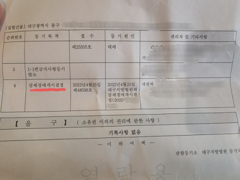 지난 3월 대구 동구 한 신축 아파트에 입주한 A씨 등기부등본. 이달 25일 A씨의 집은 강제경매 개시 결정이 내려졌다. A씨 제공
