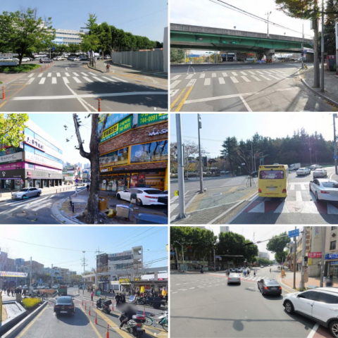 대구경찰청이 교통사고 빅데이터를 분석해 우회전 보행사고가 자주 발생하는 6곳을 선정했다. 왼쪽 상단부터 시계방향으로 ▷파티마삼거리(신암동) ▷망우당네거리(효목동) ▷학산공원삼거리(본동) ▷반고개네거리(두류동) ▷북비산네거리(비산동) ▷올리브영수성구청역점(범어동). 네이버·다음카카오 로드뷰 캡처