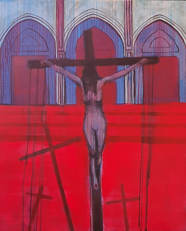 김건예 작, 십자가를 지고 따르라, 60.6×72.7㎝, Acrylic on Canvas, 2022.