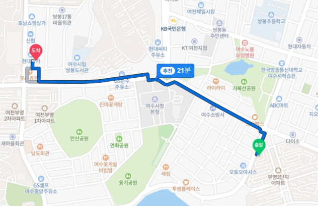 1015회 로또복권 1등 당첨 배출 전남 여수시 내 2곳 업소 위치. 네이버 지도