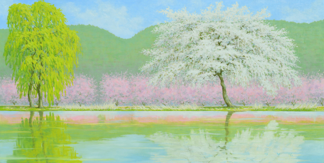 이경정, 능수버들과 벚꽃, 150cmx75cm, oil on canvas.