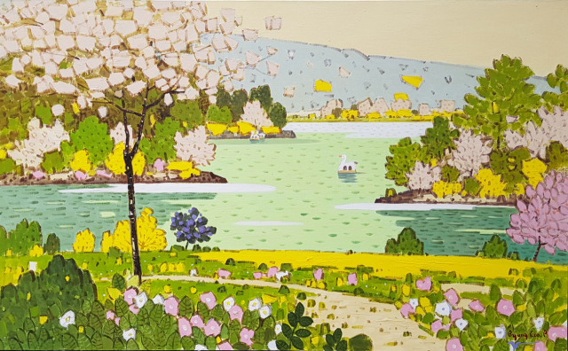 박병구, 수성못-기억, Acrylic on Canvas, 90x145cm.