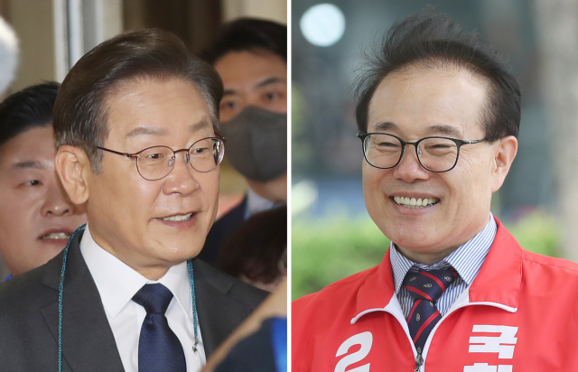 인천 계양을 국회의원 보궐선거에 출마한 더불어민주당 이재명 후보와 국민의힘 윤형선 후보가 18일 각각 인천시 동구 현대시장과 계양구 계양구청 인근 사거리에서 시민들과 인사하고 있다. 연합뉴스