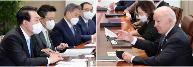 윤석열 대통령과 조 바이든 미국 대통령이 21일 오후 용산 대통령실 청사에서 확대 정상회담을 하고 있다. 연합뉴스