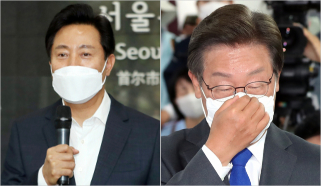 제8회 전국동시지방선거에서 승리한 오세훈 서울시장이 2일 서울시청으로 출근하며 당선 소감을 전하고 있다. (사진 왼쪽)/ 인천 계양을 국회의원 보궐선거에서 당선이 확실시된 더불어민주당 이재명 후보가 1일 오후 인천시 계양구 자신의 선거사무소에서 무거운 표정으로 인터뷰 전 마스크를 고쳐 쓰고 있다. 연합뉴스