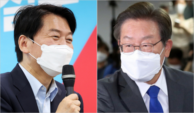 경기 성남 분당갑 국회의원 보궐선거에서 승리한 국민의힘 안철수 의원이 5일 오후 경기도 성남시 분당구 선거사무소에서 열린 캠프 해단식에서 발언하고 있다. (사진 왼쪽)/ 인천 계양을 국회의원 보궐선거가 시행된 1일 오후 더불어민주당 이재명 후보가 당선이 확실시되자 인천시 계양구 자신의 선거사무소에서 지지자와 악수하며 감사 인사를 하고 있다. 연합뉴스