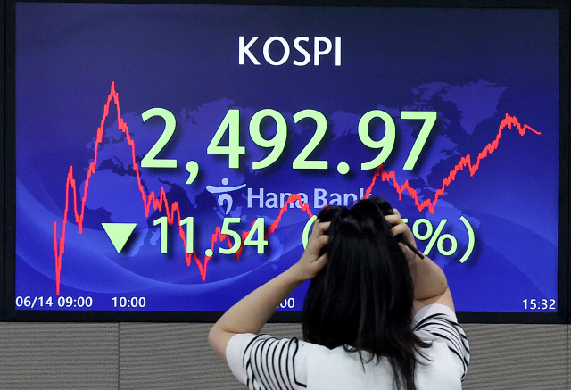 14일 오후 서울 중구 하나은행 딜링룸에서 딜러들이 업무를 보고 있다. 이날 코스피 지수는 전 거래일보다 11.54포인트 떨어진 2,492.97에 거래를 마쳤다. 외환시장에서 원/달러 환율은 전장보다 2.4원 오른 1,286.4원으로, 코스닥은 전장보다 5.19p(0.63%) 내린 823.58로 마감했다. 연합뉴스