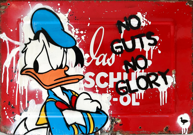 Van Ray, Start Risking, 2022, 60x85cm, Synthetic resin paint on enamel sign.