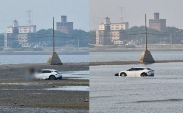 지난 6일 인천지역 한 갯벌에서 EV6 차량이 고립된 모습. 온라인 커뮤니티