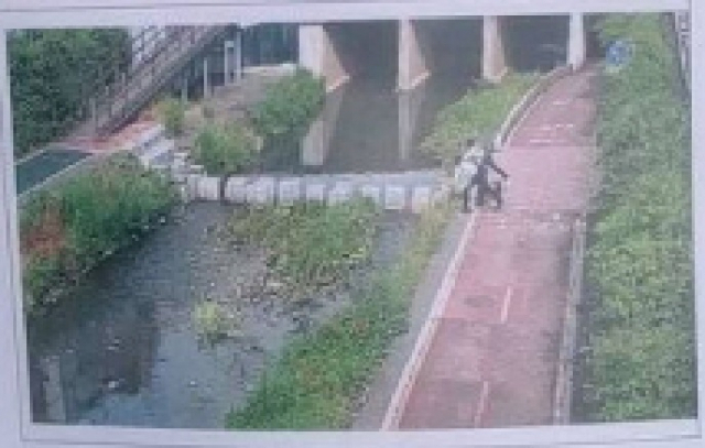 전동킥보드를 탄 남성 2명이 서울 도봉구 방학천에 살던 오리들에게 돌을 던지는 모습. 트위터 캡처