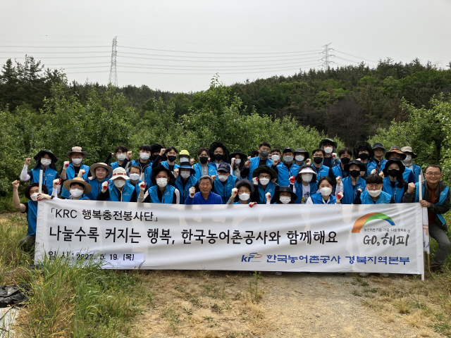 한국농어촌공사 경북지역본부는 5월 19일 칠곡군 가산면에 위치한 사과 재배농가를 방문해 농촌일손돕기를 했다. 한국농어촌공사 경북지역본부 제공