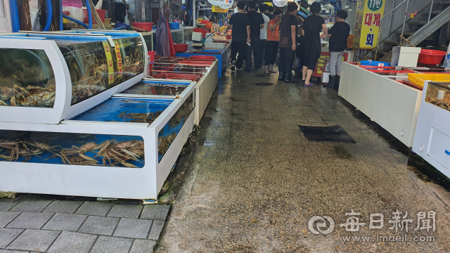 포항 죽도시장 대게 골목에 수족관마다 해수가 가득 차 있다. 신동우기자
