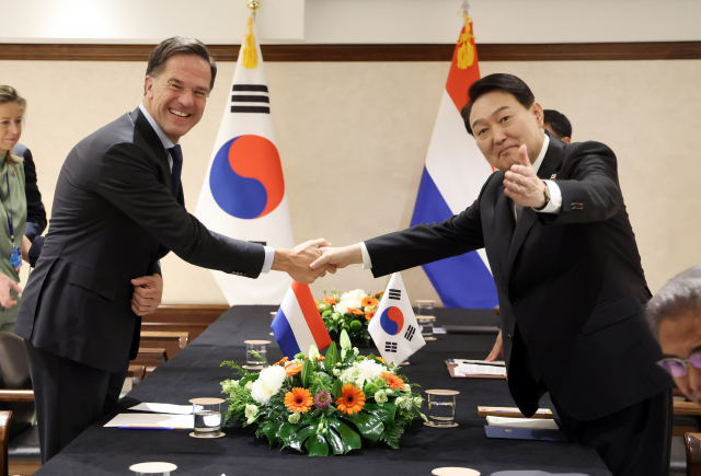 북대서양조약기구((NATO·나토) 정상회의 참석을 위해 스페인을 방문 중인 윤석열 대통령이 29일(현지시간) 마드리드 시내 한 호텔에서 열린 한·네덜란드 정상회담에서 마르크 뤼터 네덜란드 총리와 기념촬영을 하고 있다. 연합뉴스
