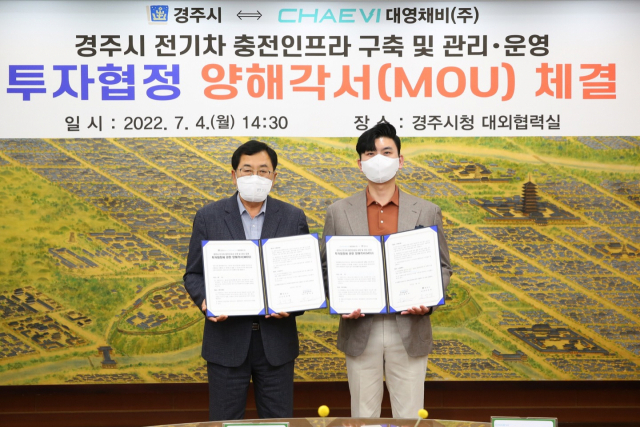 경주시와 대영채비(주)가 전기차 충전 인프라 구축 민간투자 업무협약을 체결하고 있다. 경주시 제공