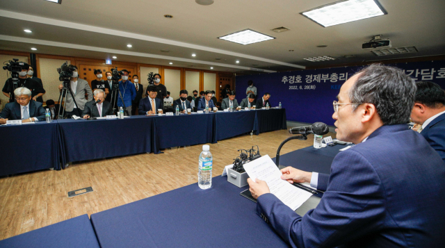 추경호 경제부총리가 28일 마포구 경총에서 손경식 회장 등과 간담회를 하고 있다. 연합뉴스