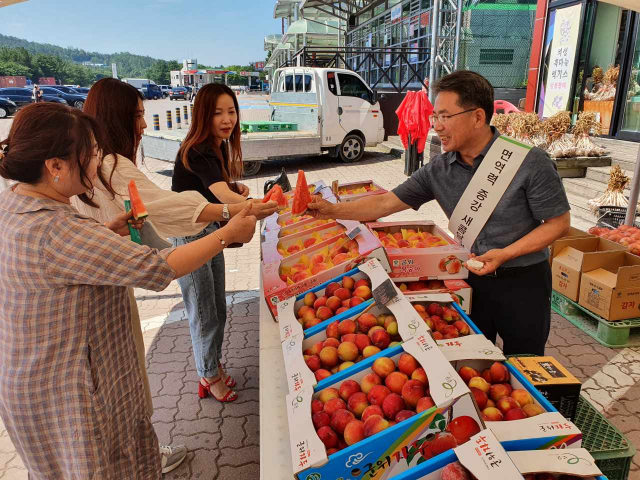 김진열 경북 군위군수가 중앙고속도로 군위휴게소(대구 방향) 군위 농산물 홍보 판매장에서 소비자들을 만나고 있다. 군위군 제공