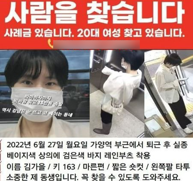 김가을씨 실종 전단. 김씨 가족 제공