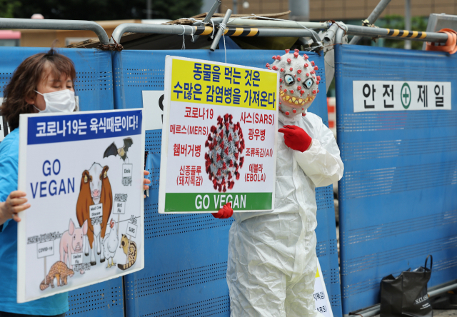 한국채식연합 회원들이 20일 서울 세종대로 광화문광장 앞에서 육식 습관으로 인한 신종 감염병 발생을 주장하며 건강한 비건(vegan) 채식을 촉구하는 상징의식을 펼치고 있다. 연합뉴스