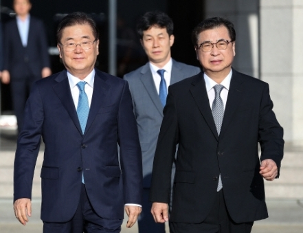 2018년 9월 5일 문재인 대통령 대북 특별사절단의 경기도 성남 서울공항을 통한 평양 출발 당시 정의용 국가안보실장, 윤건영 청와대 국정상황실장, 서훈 국정원장. 연합뉴스