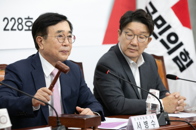 국민의힘 서병수 전국위원회 의장이 9일 오전 서울 여의도 국회에서 열린 국민의힘 제3차 전국위원회에서 당헌개정 안건을 상정하고 있다. 연합뉴스