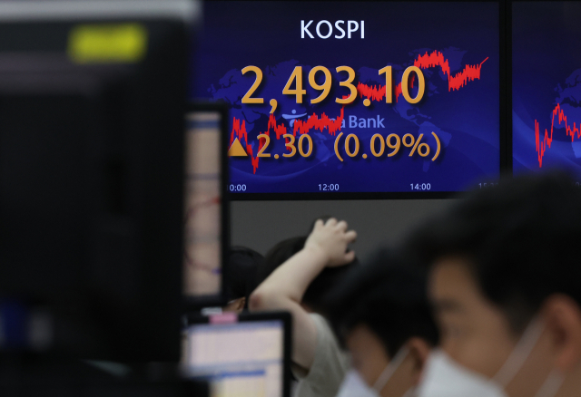 8일 서울 중구 명동 하나은행 본점 딜링룸 전광판에 코스피 종가가 표시돼 있다. 이날 코스피는 전 거래일보다 2.30포인트 오른 2,493.10에 장을 마쳤다. 서울 외환시장에서 달러 대비 원화 환율은 전날 종가보다 8.1원 오른 달러당 1,306.4원에 거래를 마쳤다. 연합뉴스