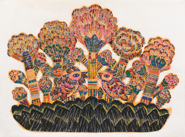 이윤엽, 행복, 56x75cm, 한지, 소멸식다색목판, 2011.