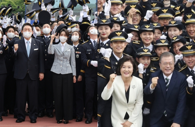 (왼쪽)윤석열 대통령과 김건희 여사가 2022년 8월 19일 충북 충주 중앙경찰학교에서 열린 310기 졸업식에서 졸업생들과 기념촬영을 하고 있다. (오른쪽)문재인 대통령과 김정숙 여사가 2019년 8월 23일 오전 충북 충주 중앙경찰학교에서 296기 졸업생들과 기념촬영을 하고 있다. 연합뉴스