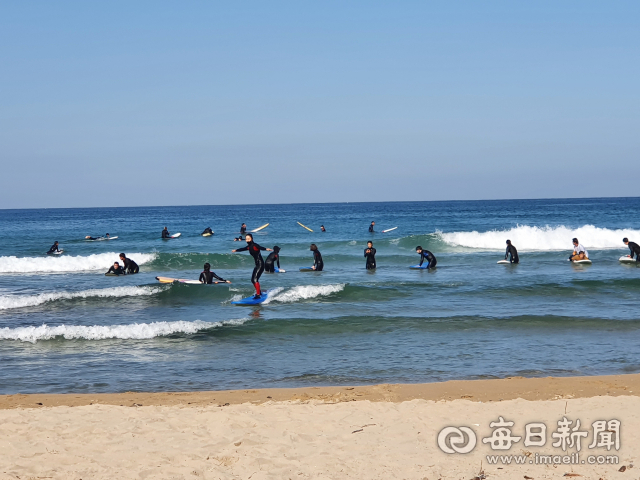 포항 용한서퍼비치에서 전국 각지의 서퍼들이 파도를 즐기고 있다. 용한서퍼비치는 적당한 파도와 수온으로 전국 3대 서핑 성지로 꼽히는 곳이다. 포항시체육회 제공