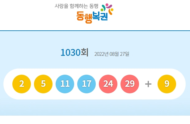 1030회 로또 1등 당첨번호 2, 5, 11, 17, 24, 29 