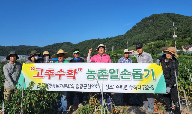 민주평화통일자문회의 영양군협의회가 지난 26일 영양군 수비면 수하리에 있는 한 고추재배 농가에서 농촌일손돕기 봉사활동을 펼친 뒤 기념촬영을 하고 있다. 민주평통 영양군협의회 제공