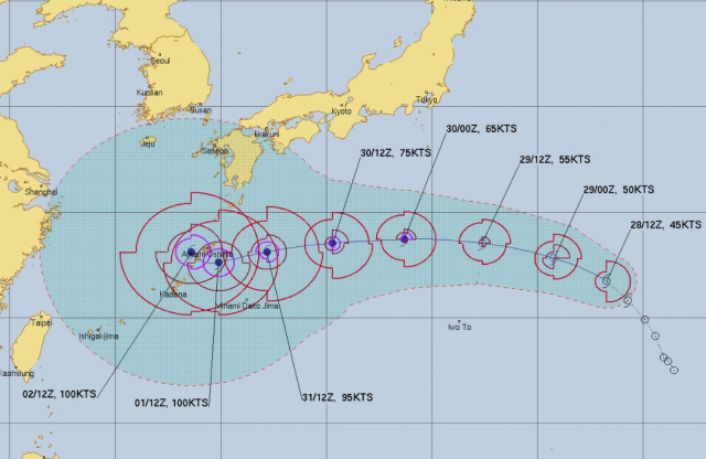 미국 합동태풍경보센터(Joint Typhoon Warning Center) 태풍 힌남노 예상경로