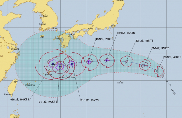 미국 합동태풍경보센터(Joint Typhoon Warning Center) 태풍 힌남노 예상경로