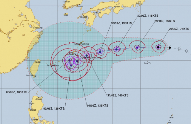 미국 합동태풍경보센터(Joint Typhoon Warning Center) 태풍 힌남노 예상경로