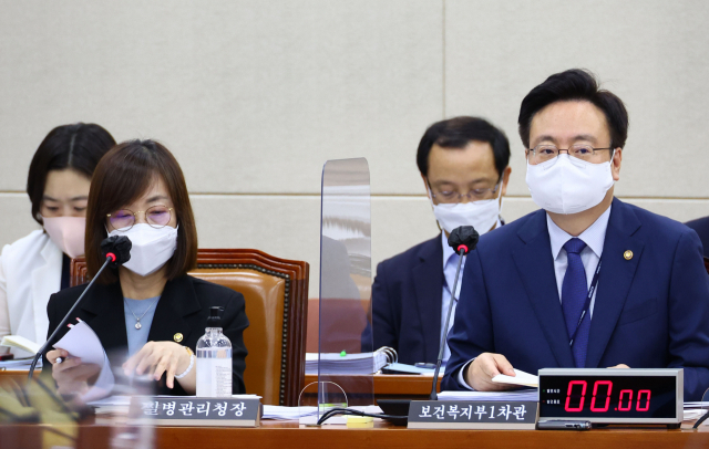 30일 서울 여의도 국회에서 열린 보건복지위원회 전체회의에서 조규홍 보건복지부 1차관(오른쪽)과, 백경란 질병관리청장이 자리에 앉아 있다. 연합뉴스