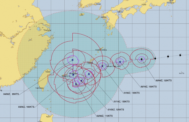 미국 합동태풍경보센터(Joint Typhoon Warning Center) 태풍 힌남노 예상경로