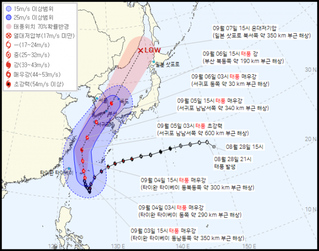 3일 오후 3시 기준 태풍 힌남노 예상경로. 기상청 제공