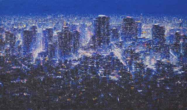 김성호, 새벽-남산에서 본 서울, oil on canvas, 333.3x197cm, 2018.