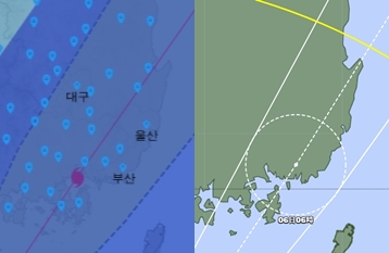 태풍 힌남노 육지 예상경로. (왼쪽)기상청 5일 오후 7시 발표, (오른쪽)일본 기상청 5일 오후 6시 발표
