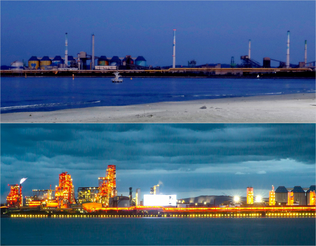 7일 밤 포항시 남구 송도해수욕장에서 바라본 포스코 모습. 태풍 