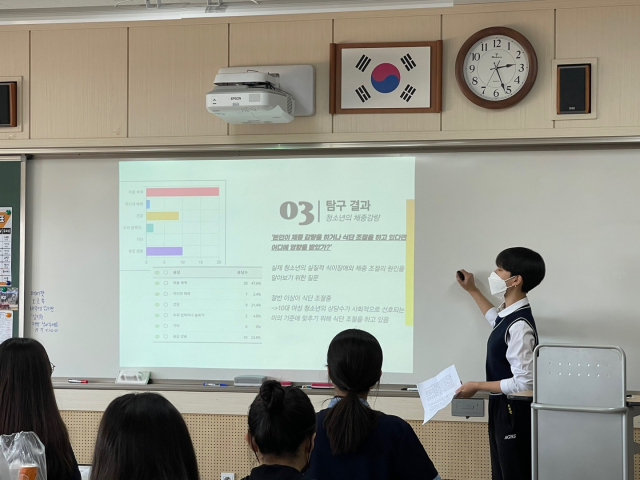 지난 15일 경북 안동여자고등학교에서 열린 제11회 옥련학술한마당 발표회에서 한 학생이 주제 발표를 하는 모습. 안동여자고등학교 제공